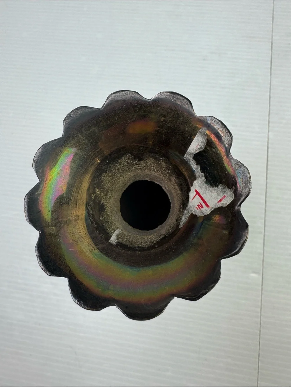 Indian? Iridescent Brass Vase Enamel Gem Medallion Scalloped Rim 6” Decor VTG